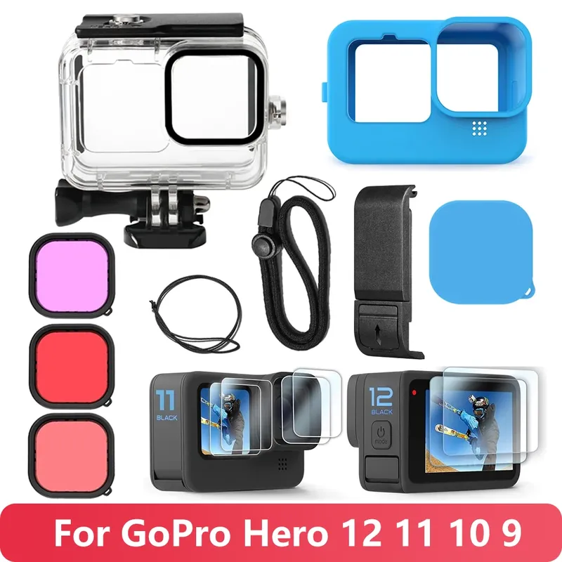 Für GoPro Hero 13 12 11 10 9, wasserdichtes Gehäuse, Silikonhülle, Displayschutzfolien, Batterieseitenabdeckung, Filterzubehör