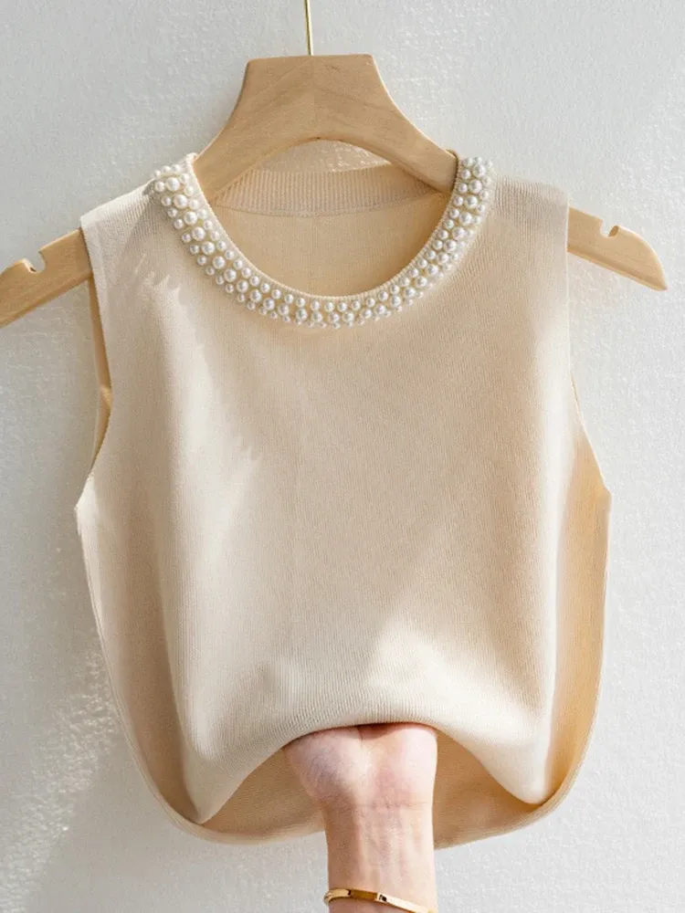 Korea Gestrickte Westen Frauen Top Solide Tank Blusas Mujer De Moda Sommer Neue Mode Weibliche Ärmellose Perlen Casual Dünne Tops