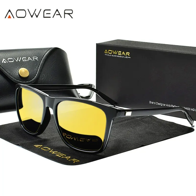 AOWEAR HD Polarisierte Nachtsichtbrille für Frauen, quadratisch, gelb, Nachtfahrbrille, Sonnenbrille, Damen, Fahrerbrille, Gafas