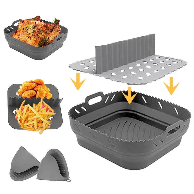 Air Fryer Silikon Form Korb: BPA-frei, faltbar & wiederverwendbar für runde/quadratische Heißluftfritteusen (20 cm/22 cm) - Praktisches Zubehör für gesundes Frittieren