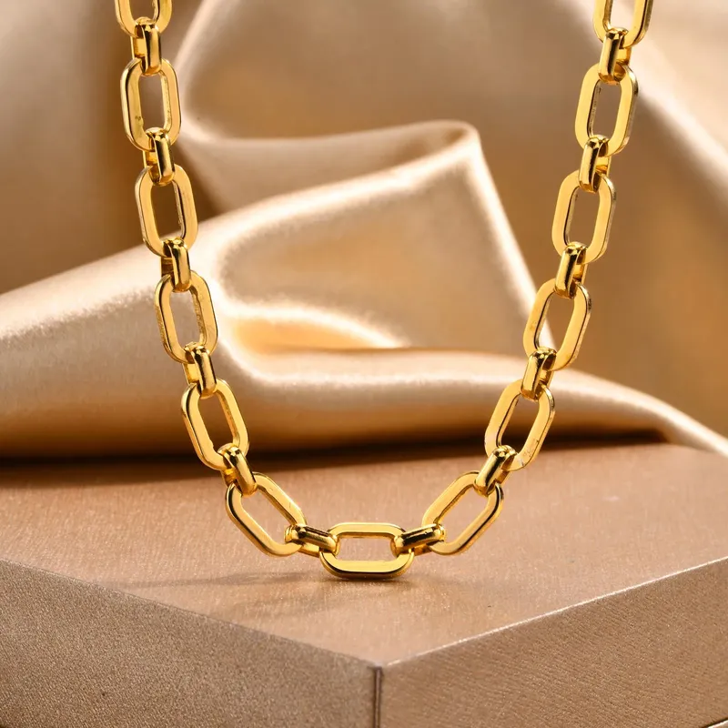 Klobige vergoldete Gliederkette für Damen, ovaler, dicker Halsreif aus Edelstahl, minimalistischer Schmuck