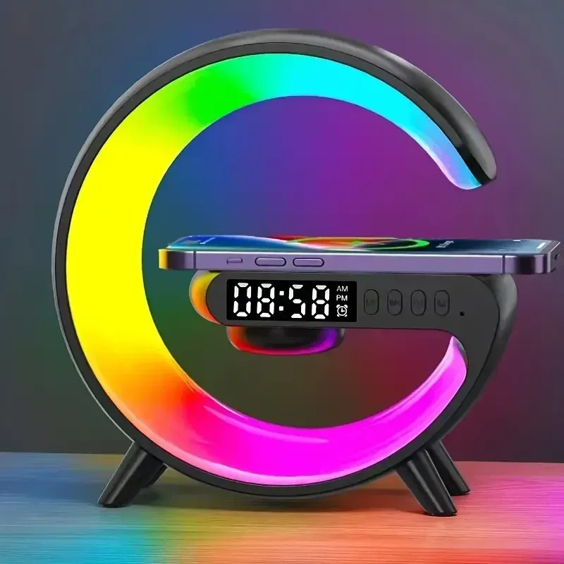 4-in-1 Multifunktions Ladestation mit RGB-Licht, Wecker & Bluetooth Lautsprecher – Qi-Schnellladegerät für iPhone & Samsung für nur  bei VRULE