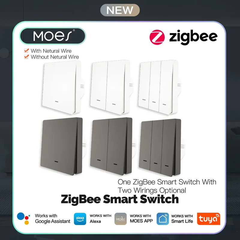 MOES Tuya ZigBee Smart Lichtschalter Kein Neutralleiter Kein Kondensator erforderlich Smart Life 2/3-Wege Funktioniert mit Alexa Google Home 2mqtt