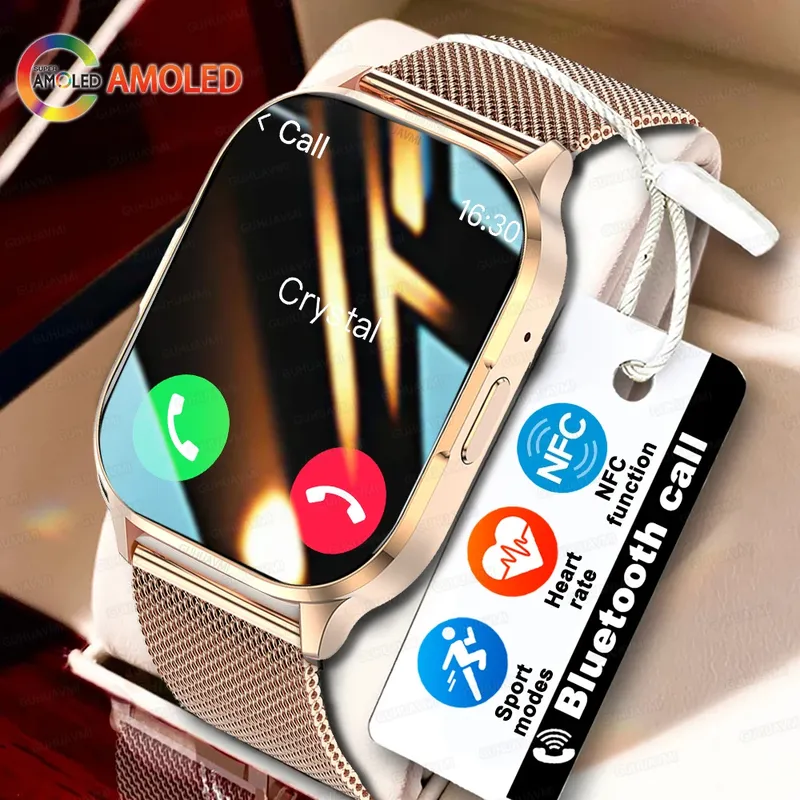 Frauen Smartwatch 2,01 zoll AMOLED Bildschirm Bluetooth Anruf NFC Sport Uhr Blutdruck Musik Frauen Smart Uhr für Frauen damski