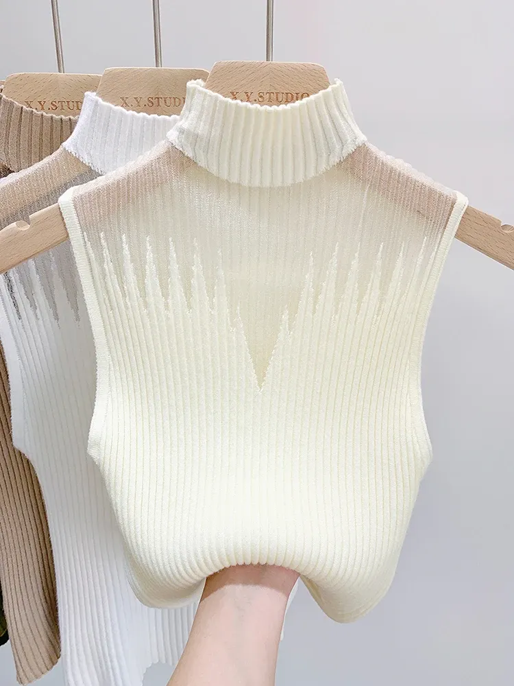 Mesh Gestrickte Top Frauen Y2K Tank Top Halbe Hals Weste Weibliche Ärmellose Pullover Chic Cut Out Streetwear Solide Dünne Rohr Top