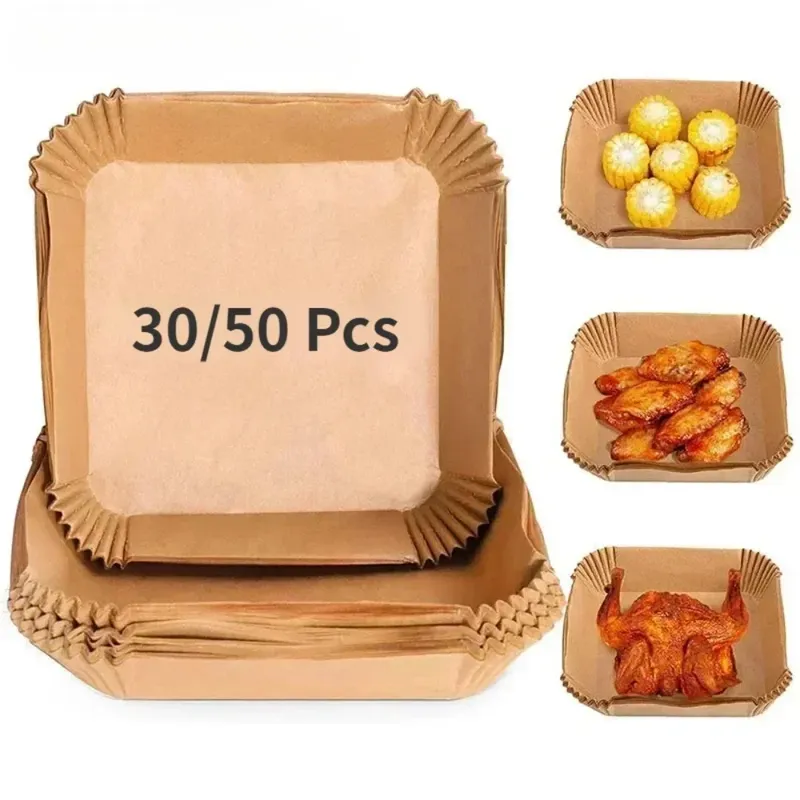 50/30 Stück Küchenzubehör Luftfritteuse Papier Küchenutensilien Einweg quadratisch rund Gebäckformen BBQ Platte Antihaft-Pad