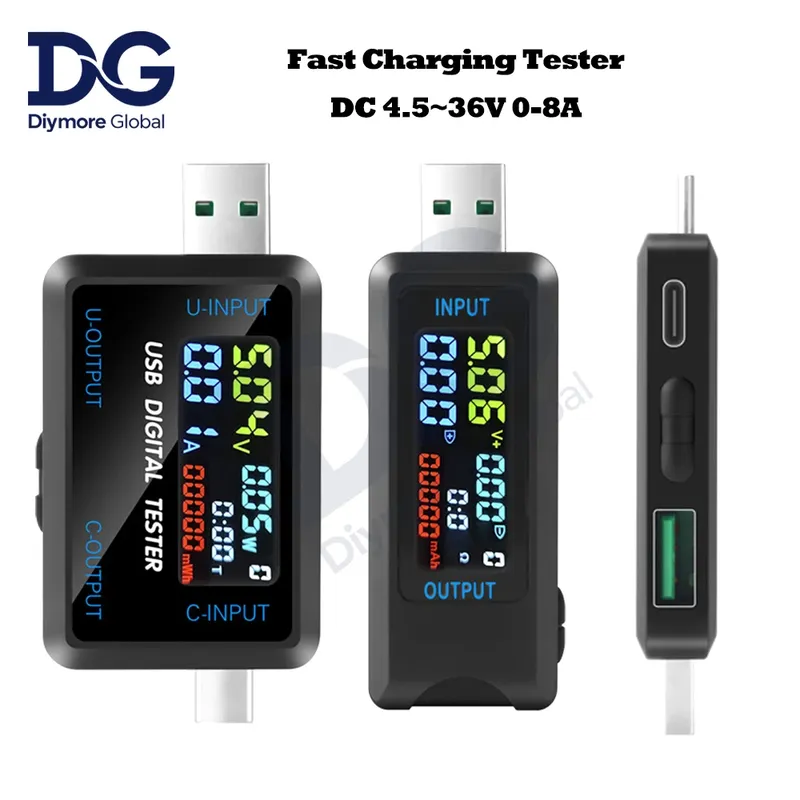 Schnellladetester, 10-in-1, USB, 4,5–36 V, 0–8 A, Voltmeter, Strom, Spannung, Volt, Amperemeter, Detektor, Powerbank, Ladegerät, Anzeige