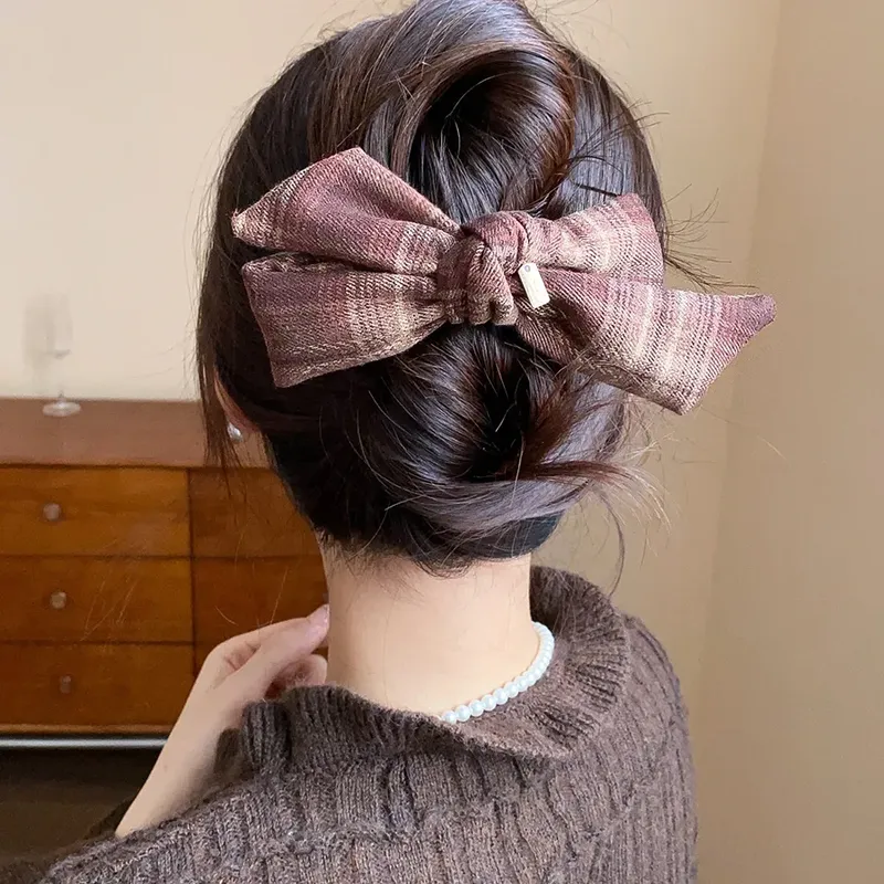 Sanfte Kaffee Plaid Bowknot Haar Clips frauen Vintage Hochsteckfrisur Acryl Pferdeschwanz Halter Charms Halb-krawatte Kopfbedeckung Bankett Dating M