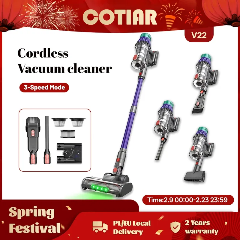 COTIAR V22 650 W Akku-Staubsauger, 55 kPa Saugleistung, bürstenloser Staubsauger, 1,2 l Fassungsvermögen, LED-Anzeige für Bodenteppiche, Tierhaare