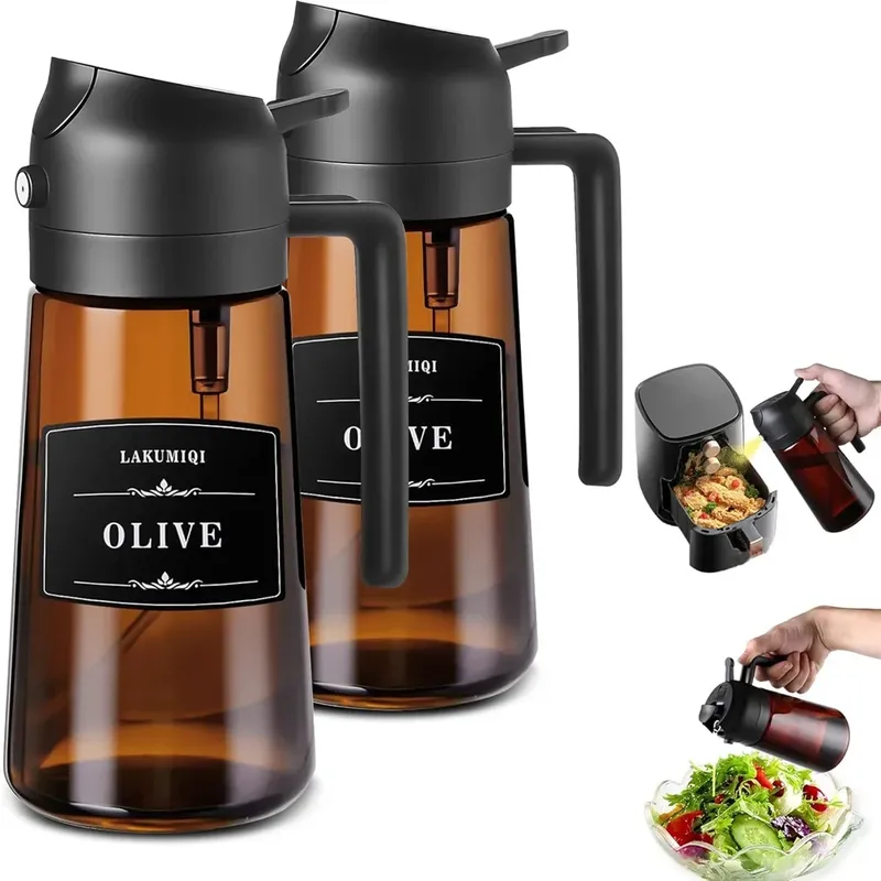 2-in-1-Ölsprüher und -spender aus Glas, auslaufsichere 16-Unzen-Olivenölflasche zum Kochen, Heißluftfritteuse, Salat, Grillen
