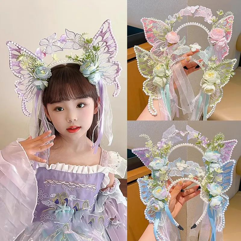 Fee Blume Stirnband für Kinder Sweety Schmetterling Element Quaste Haar Krone Mädchen Kunst Fotografie Haar Zubehör Haar Hoop