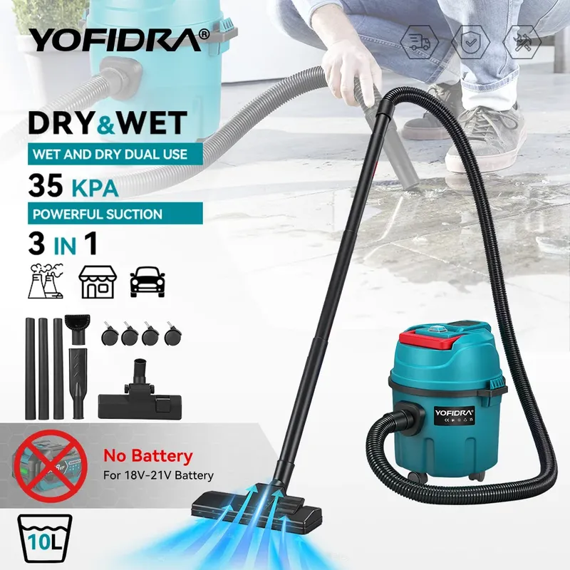 YOFIDRA 3IN1 Elektrischer Nass- und Trockensauger 35 kPa kabelloser Heim-Autoreiniger mit tragbarem 10-Liter-Tank für Makita-Akku-Pin