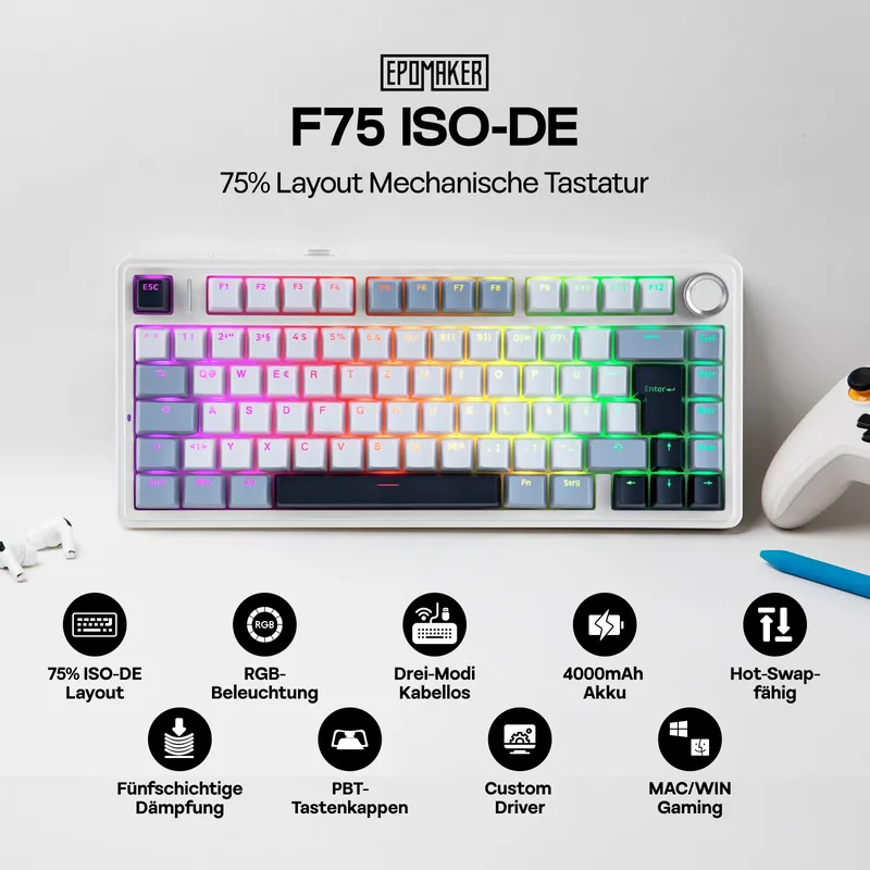 EPOMAKER x AULA F75 ISO-DE Tri-Mode-Konnektivität QWERTZ Deutsches Layout Kabellose  Mechanische Tastatur mit 4000-mAh-Akku