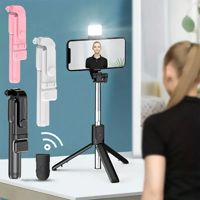 Tragbarer Bluetooth-Selfie-Stick-Stativhalter mit Fernauslöser, Fülllicht, ausziehbarer, kabelloser, einziehbarer Telefonständer