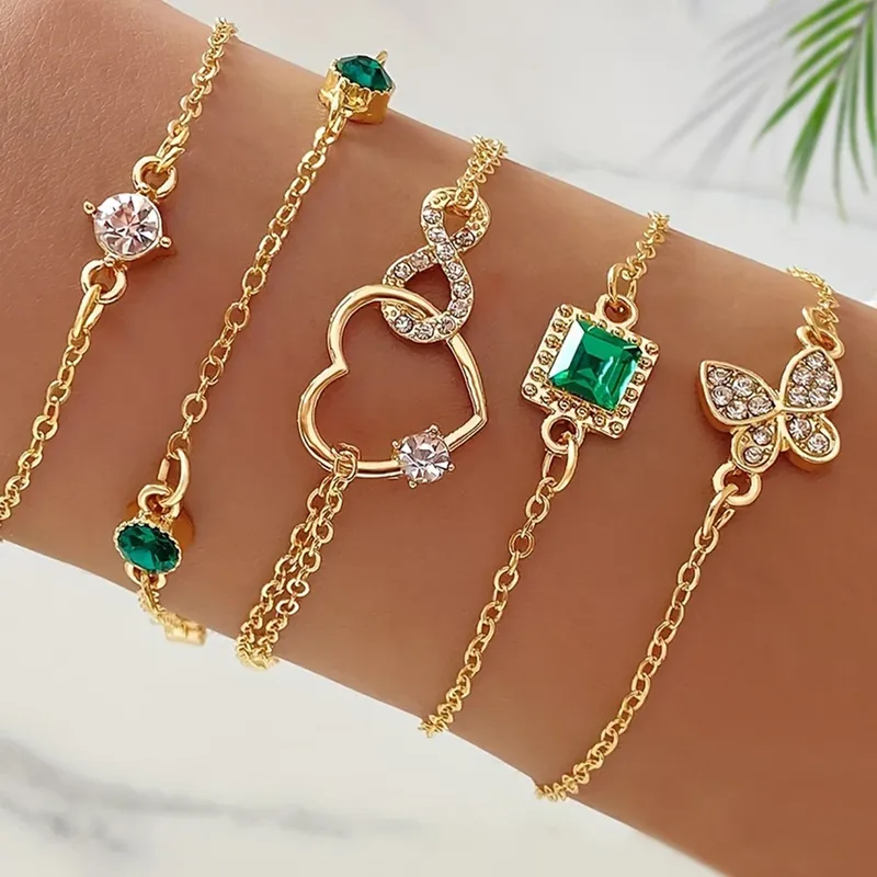 5-teiliges Vintage-inspiriertes Armband-Set mit funkelnden Strasssteinen – Unendlichkeits- und geometrische Designs, perfekt für Freizeitkleidung oder Gifti