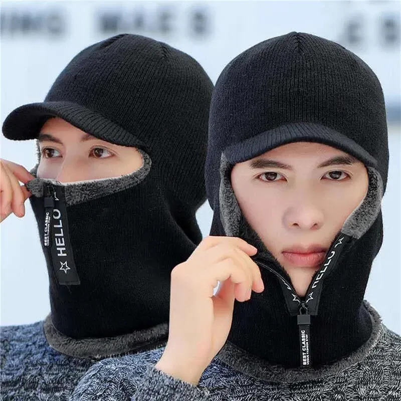 Neue Männer Winter warme Woll mütze Outdoor Gehörschutz Hüte warme dicke Fahrrad gestrickte Cap Schal wind dichte Visier kappe