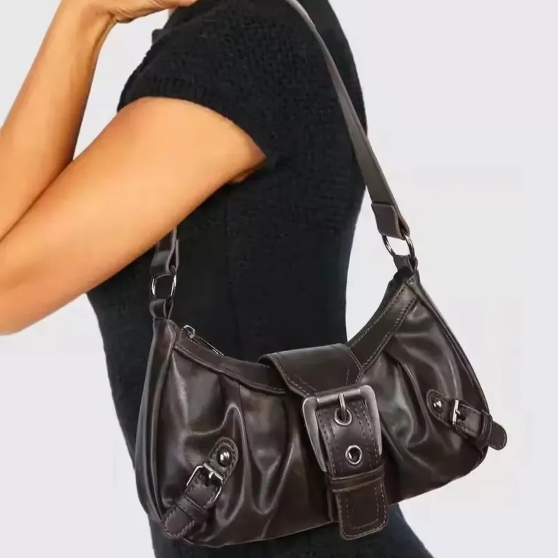 Umhängetaschen Y2K Retro-Stil Umhängetasche, Maillard Plissee Nieten Achseltasche, Modische Damen Coole Leder Umhängetasche